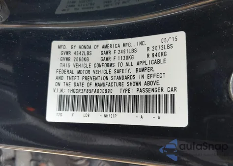 2015 Honda Accord Ex-L V-6 из США, поврежденный, VIN 1HGCR3F85FA030990